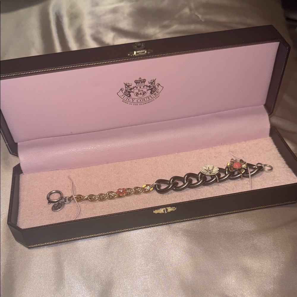 Vintage Y2K Juicy Couture Gold and Black Floral Charm Bracelet